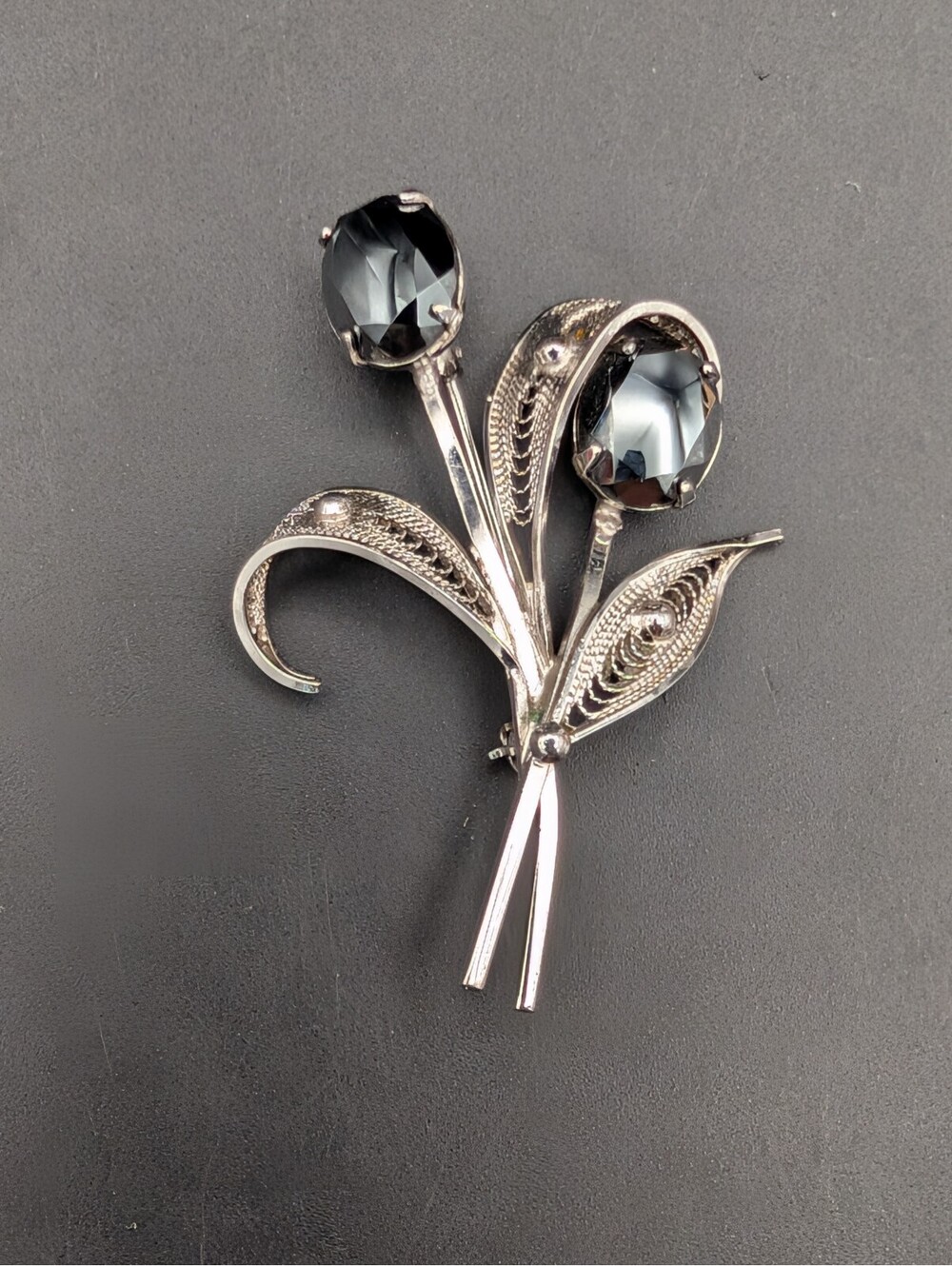 Vintage Sorrento Sterling Silver Filigree Tulip Floral Brooch Pin Hematite